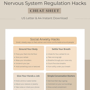 以下が含まれることがあります： 「Nervous System Regulation Hacks」と書かれたデジタルチートシート。 「CHEAT SHEET」の文字があります。 社会不安を管理するためのヒント（グラウンディングテクニック、呼吸法、会話のきっかけなど）が含まれています。 インスタントダウンロード。