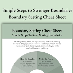 May include: A green and white "Boundary Setting Cheat Sheet" with the text "Simple Steps to Stronger Boundaries." The sheet includes steps to start setting boundaries, with sections on holding the boundary and noticing patterns.