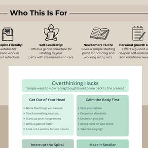 Może przedstawiać: Beżowa grafika z tekstem "Who This Is For" i "Overthinking Hacks". Obraz zawiera ikony i listy punktowane z poradami dotyczącymi zarządzania myślami i promowania samoświadomości. Tekst jest w kolorze czarnym i zielonym.