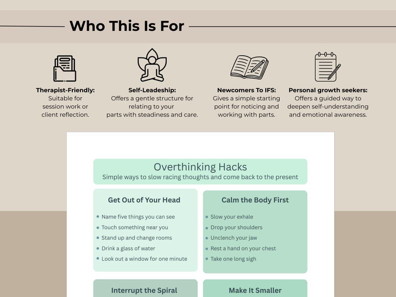 Może przedstawiać: Beżowa grafika z tekstem "Who This Is For" i "Overthinking Hacks". Obraz zawiera ikony i listy punktowane z poradami dotyczącymi zarządzania myślami i promowania samoświadomości. Tekst jest w kolorze czarnym i zielonym.