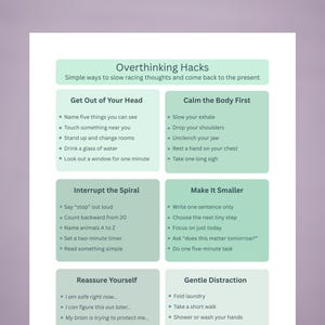Może przedstawiać: Biała kartka z tytułem "Overthinking Hacks" i wskaz&oacute;wkami, jak spowolnić pędzące myśli. Wskaz&oacute;wki są podzielone na sekcje z tytułami takimi jak "Get Out of Your Head" i "Calm the Body First".