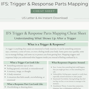 May include: A cheat sheet titled "IFS Trigger & Response Parts Mapping" with text explaining triggers and responses. The document includes lists of what a trigger and response can look like. The document is available in US Letter and A4 sizes.