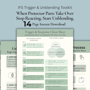 Puede incluir: Una descarga digital titulada "IFS Trigger & Unblending Toolkit" con un fondo verde azulado. El kit de herramientas incluye una hoja de trucos de 14 páginas con pasos para comprender las reacciones y la claridad interna. El texto es en blanco y negro.