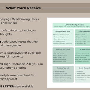 Może przedstawiać: Drukowana ściąga "Overthinking Hacks" z uspokajającymi narzędziami i resetami opartymi na ciele. Układ jest łatwy do zeskanowania i zawiera wskaz&oacute;wki dotyczące radzenia sobie ze stresującymi momentami. Dostępne w rozmiarach A4 i US LETTER.
