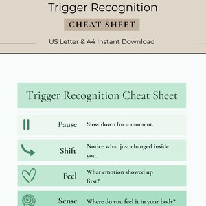 May include: A printable "Trigger Recognition Cheat Sheet" with a light green and white design. The text includes "Pause", "Shift", "Feel", and "Sense" with corresponding instructions. The document is available for US Letter and A4 instant download.