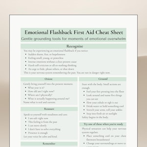 Könnte beinhalten: Ein Erste-Hilfe-Spickzettel mit dem Titel "Emotional Flashback First Aid Cheat Sheet" mit Erdungswerkzeugen. Das Blatt ist in Abschnitte unterteilt: Erkennen, Orientieren, Erden, Beruhigen, Erinnern und Probieren Sie dies, wenn Sie bereit sind.