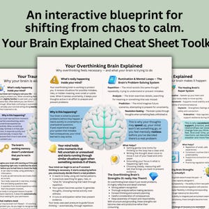 Puede incluir: Un conjunto de hojas impresas tituladas "Your Brain Explained Cheat Sheet Toolkit". Las hojas presentan texto y diagramas que explican el pensamiento excesivo, el trauma y la ansiedad. La hoja superior tiene el título "Your Overthinking Brain Explained."
