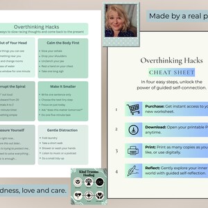Może przedstawiać: Cyfrowy arkusz kalkulacyjny do pobrania zatytułowany "Overthinking Hacks" z poradami dotyczącymi radzenia sobie z pędzącymi myślami. Obraz zawiera zdjęcie kobiety i instrukcje dotyczące zakupu, pobierania, drukowania i refleksji. Tekst zawiera r&oacute;wnież frazę "Z życzliwością, miłością i troską."