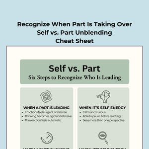 May include: A cheat sheet titled "Recognize When Part Is Taking Over Self vs. Part Unblending." The infographic details six steps to recognize who is leading, with descriptions of "When a Part is Leading" and "When It's Self Energy."