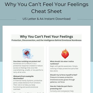 Op de afbeelding: Een digitale download met de titel "Waarom je je gevoelens niet kunt voelen - Cheat Sheet". Het document bevat informatie over emotionele gevoelloosheid, met afbeeldingen van een hart in ijs en een hart met vlammen.