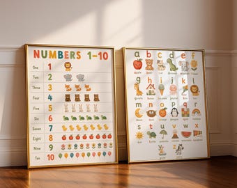 Educational Alphabet and Numbers 1-10 Kids Nursery Wall Art Print Set Colorful ABC Chart Playroom Bedroom Poster Decor Digital Download