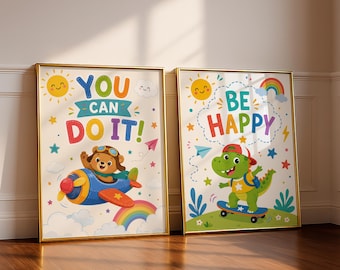 Be Happy You Can Do It Kids Nursery Wall Art Print Set Colorful Dinosaur Skateboard Bear Airplane Playroom Bedroom Poster Digital Download 2