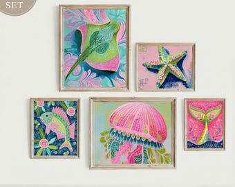 Tropical Marine Life Art Prints, Eclectic Coastal Gallery Wall (Digital Download)