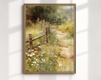 Lámina con estampado de un sendero rural de los Cotswolds, cuadro de un campo de margaritas, decoración infantil de estilo cottagecore, arte mural rústico de granja.