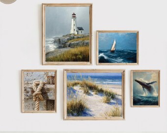 Coastal Gallery Wall Art Set: Nautical Lighthouse, Whale, Seascape (Digital Download)