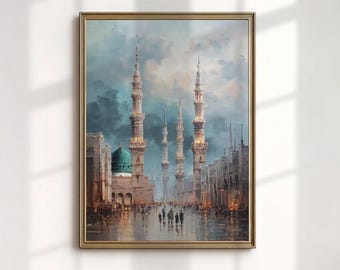 メディナモスクのアートプリント、グリーンドーム絵画、イスラム建築の壁装飾、デジタルダウンロード