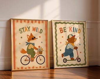 Retro Stay Wild Be Kind Kids Nursery Wall Art Print Set Whimsical Fox Bear Animal Playroom Bedroom Decor Quote Poster Set of 2