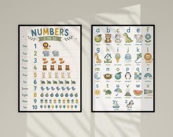 Juego de 2 pósteres del alfabeto y los números ABC, arte mural para el aprendizaje preescolar, láminas educativas, decoración para el aula de educación en casa, láminas para la habitación infantil.