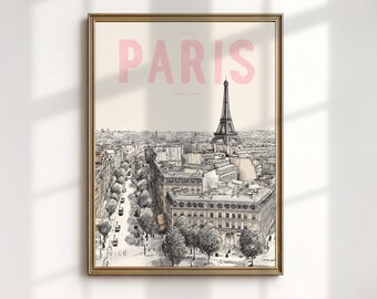 Paris Eiffel Tower Sketch Art Print, Pink Typography Poster, Cityscape Wall Decor