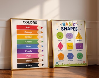 Shapes and Colors Posters for Kids, Preschool Educational Wall Art, Homeschool Learning Decor