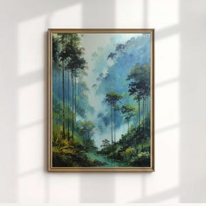 May include: A framed landscape painting depicts a lush forest scene. Tall, slender trees rise towards the sky, with a river winding through the foreground. The color palette includes shades of green, blue, and gold, creating a serene and naturalistic artwork.