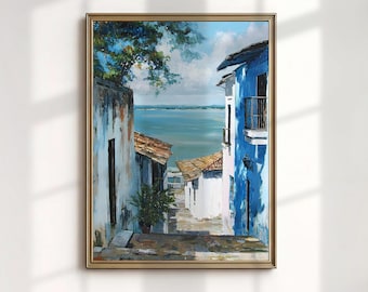 Sidi Bou Said Túnez Azul Calle Costera Pintura al Óleo Arte Mural Mediterráneo