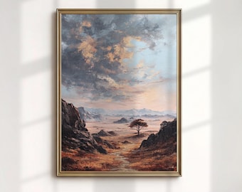 Impressão artística do Parque Nacional do Serengeti, pintura de paisagem da Tanzânia, decoração de parede da savana africana