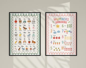 Juego de 2 pósteres del alfabeto y los números ABC, arte mural para el aprendizaje preescolar, láminas educativas imprimibles, decoración para el aula de educación en casa.