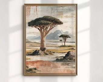 Socotra Island Art Print, Dragon Blood Tree Painting, Yemen Landscape Wall Decor