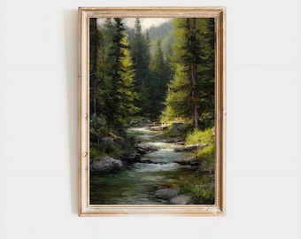 Olympic National Park Washington Moody Pine Forest Stream Oil Painting Industrial Wall Art