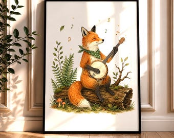 Nursery Fox Wall Art Print, Musical Fox Nursery Decor, Forest Animal Poster, Whimsical Woodland Art, Kids Room Wall Decor
