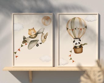 Watercolor Elephant Sailing and Boy Fishing Nursery Wall Art Set Muted Green Kids Playroom Bedroom Decor Poster Digital Download