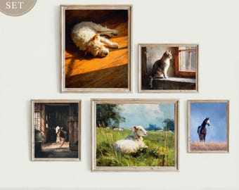 Farmhouse Animal Print Set, Vintage Country Oil Paintings (Digital Gallery Bundle)