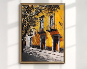 Arte mexicano de Oaxaca, pintura callejera de estuco amarillo, decoración de pared de sala de estar del suroeste