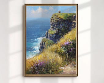 Lámina artística de los Acantilados de Moher, pintura de paisaje irlandés, decoración de pared costera, descarga digital