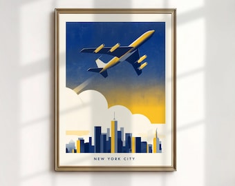 Póster con el horizonte de la ciudad de Nueva York, estampado retro de avión (descarga digital)