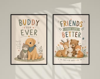 Juego de 2 láminas decorativas de amistad para pared, estampados de animales de mejores amigos, los amigos hacen la vida mejor, compañeros para siempre, linda decoración de bosque para la habitación del bebé.