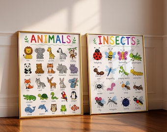 Lernposter mit Tieren und Insekten für Kinder, Vorschulbildungswandkunst, Kinderzimmer-Dekorationsset