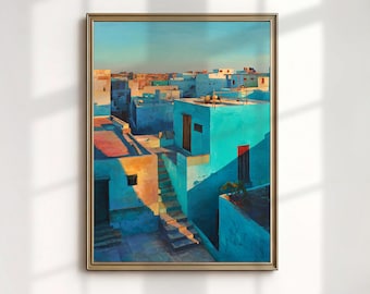 Mauritania Blue City Art Print, West African Desert Painting, Sahara Oasis Wall Decor