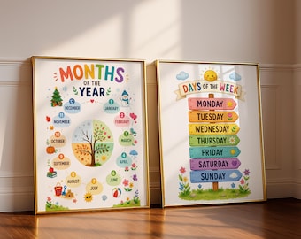 Educational Poster Set for Kids, Days of the Week and Months of the Year Prints, Nursery Classroom Wall Art