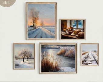 Winter Landscape Art Set: Golden Hour, Snowy Cabin Prints (Digital Download)