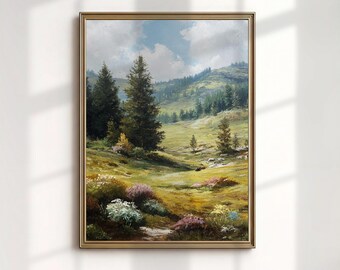 Lámina artística de Aspen, Colorado; pintura de montaña en pradera alpina; decoración de pared moderna estilo granja.