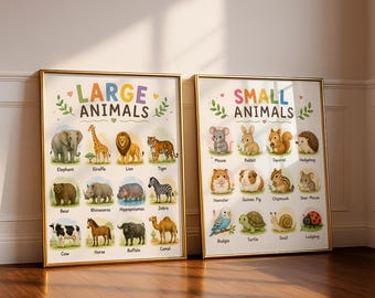 Conjunto de pôsteres de animais grandes e pequenos, arte de parede educativa para crianças, cartazes de aprendizagem pré-escolar, decoração de sala de aula do jardim de infância, impressão para ensino domiciliar