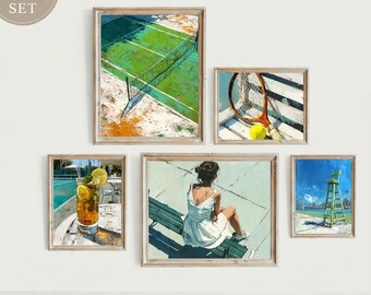 Vintage Tennis Art Print Set, Preppy Green Court Gallery (Digital Download, 5 Piece Set)
