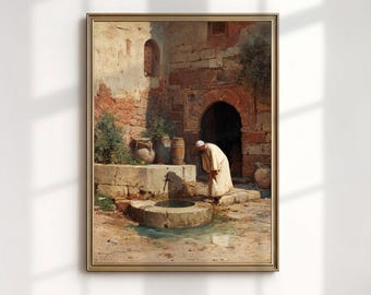 Andalusian Courtyard Art Print, Old Man at Well Painting, Rustic Moorish Wall Decor