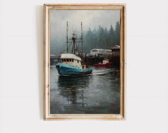 Arte del puerto de Ketchikan, Alaska, lámina de barco pesquero, pintura al óleo de la costa brumosa.