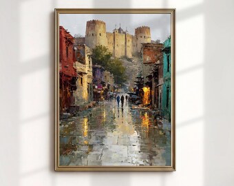 ラジャスタン砦のアートプリント、濡れた街並みの風景画、カラフルなインド建築の壁装飾
