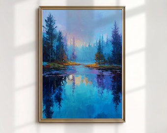 Arte mural del Parque Nacional Banff, lámina de un lago de las Montañas Rocosas canadienses, pintura de un bosque de pinos azules.