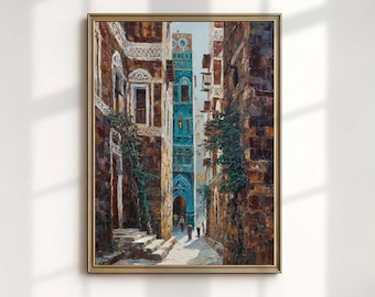 Sana'a Yemen Art Print, Old City Architecture Painting, Mud Brick Tower Wall Decor
