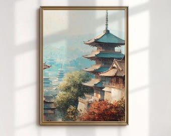 Japanese Pagoda Art Print, Kyoto Temple Painting, Traditional Asian Architecture Wall Decor